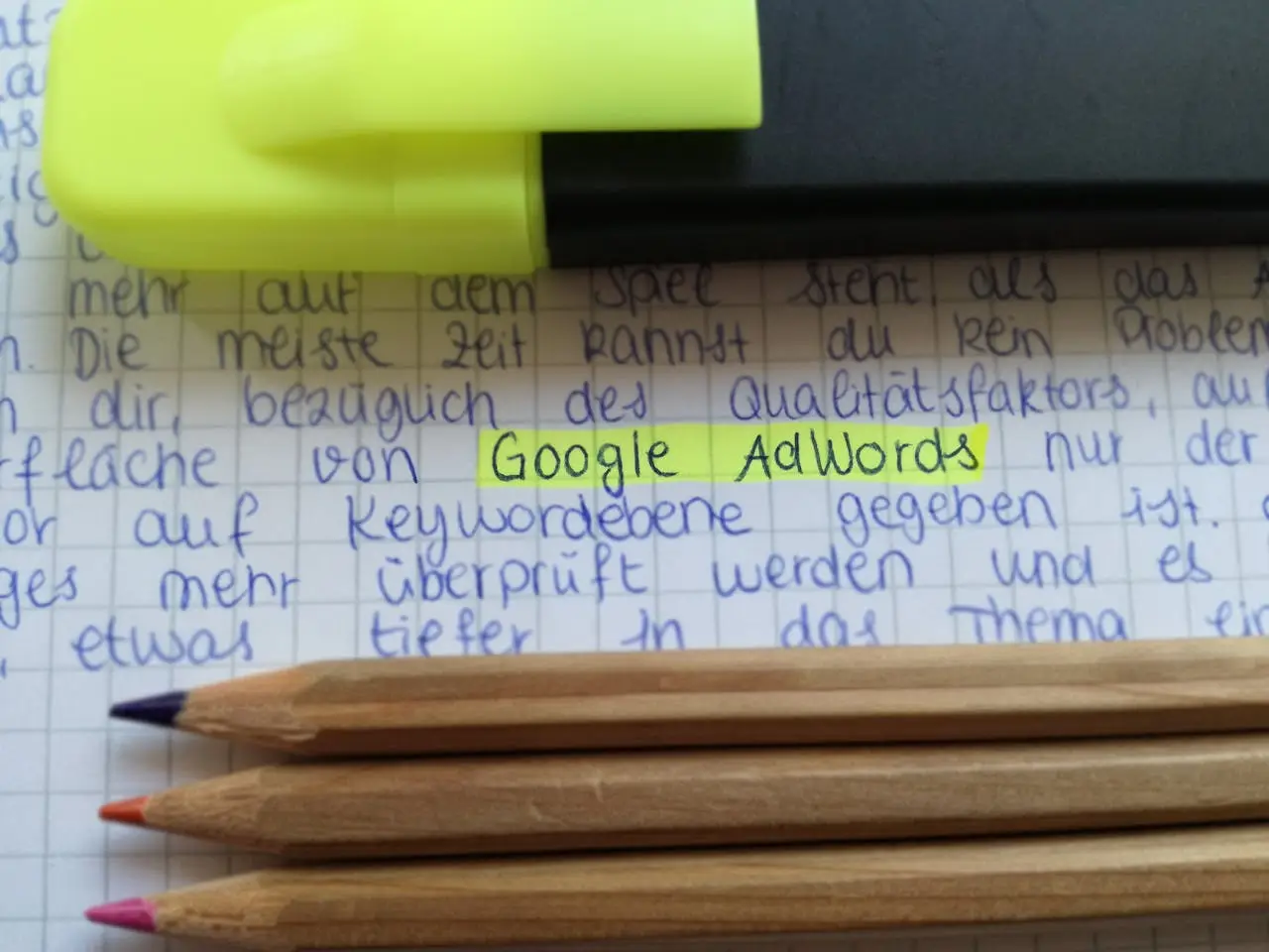 The Art of Drawing Readers In: Your attractive post title goes here Close-up of colorful pencils on handwritten notes with Google AdWords highlighted.